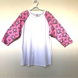 Southwest Soft Feminine Flowers  Pink & White Buffalo Skull 3/4 Sleeve Top ~ 2X